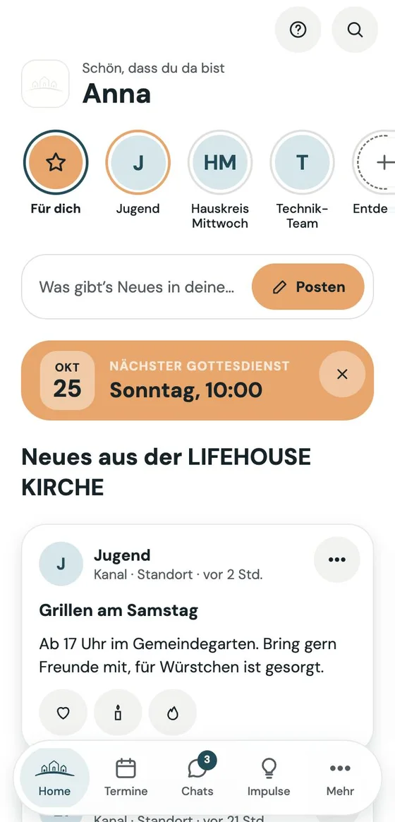 Der Startbildschirm der App: Gruppen als Kreise, der nächste Gottesdienst und ein Beitrag der Jugend