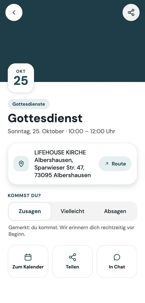 Ein Termin in der App: Gottesdienst am Sonntag, zugesagt, mit Teilen und In Chat